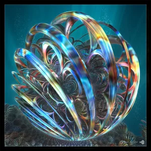 ABALONE – Ormeau sans fin, typiquement fractal : un motif solide qui se reproduit à toutes les échelles. Œuvre d'art fractal par Francis Le Guen, tons bleus et nacre.